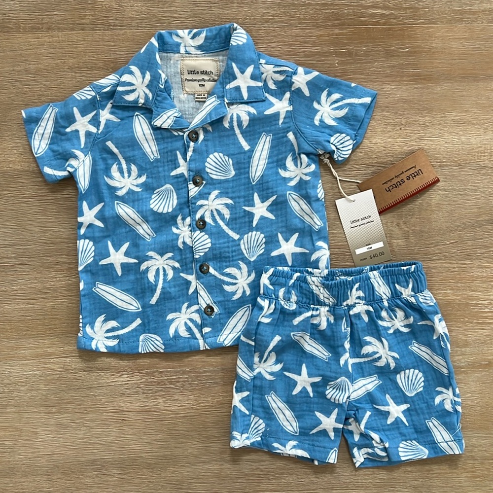 Stitch & Stone Blue Surf Palm Tree Print Resort Matching Set 12 months